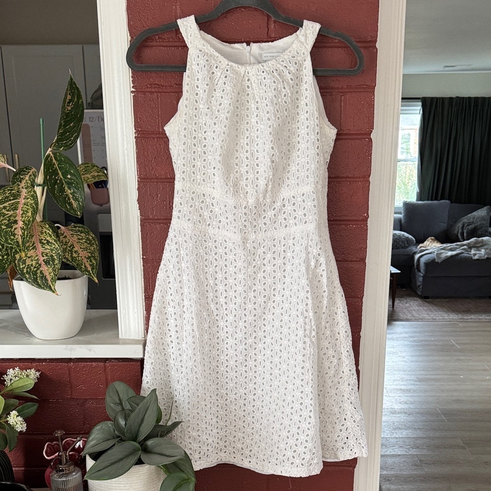 New York & Company White Eyelet Midi Dress Size 2